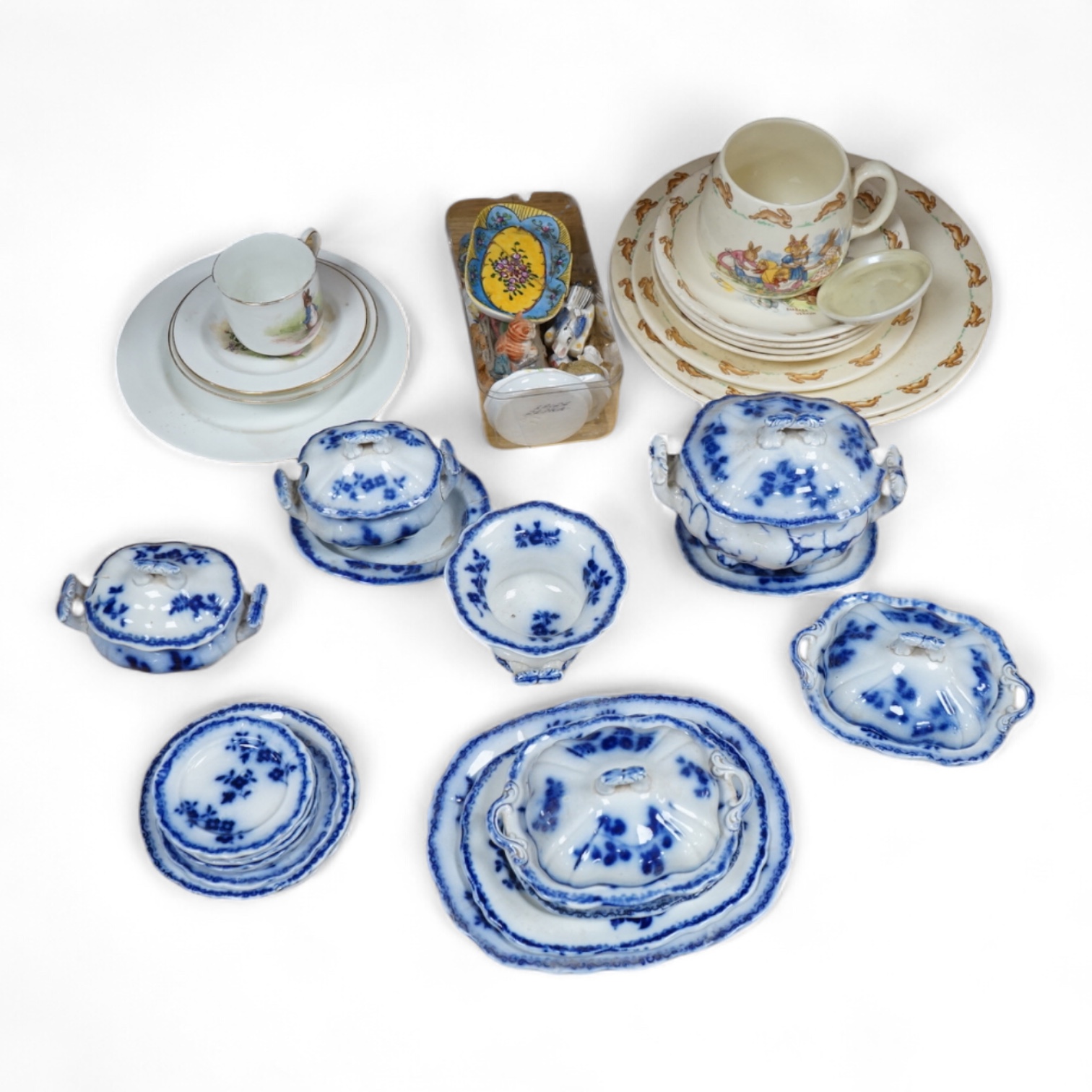 Royal Doulton Bunnykins ware and a child’s blue and white toy dinner service and various miniature items. Condition - fair